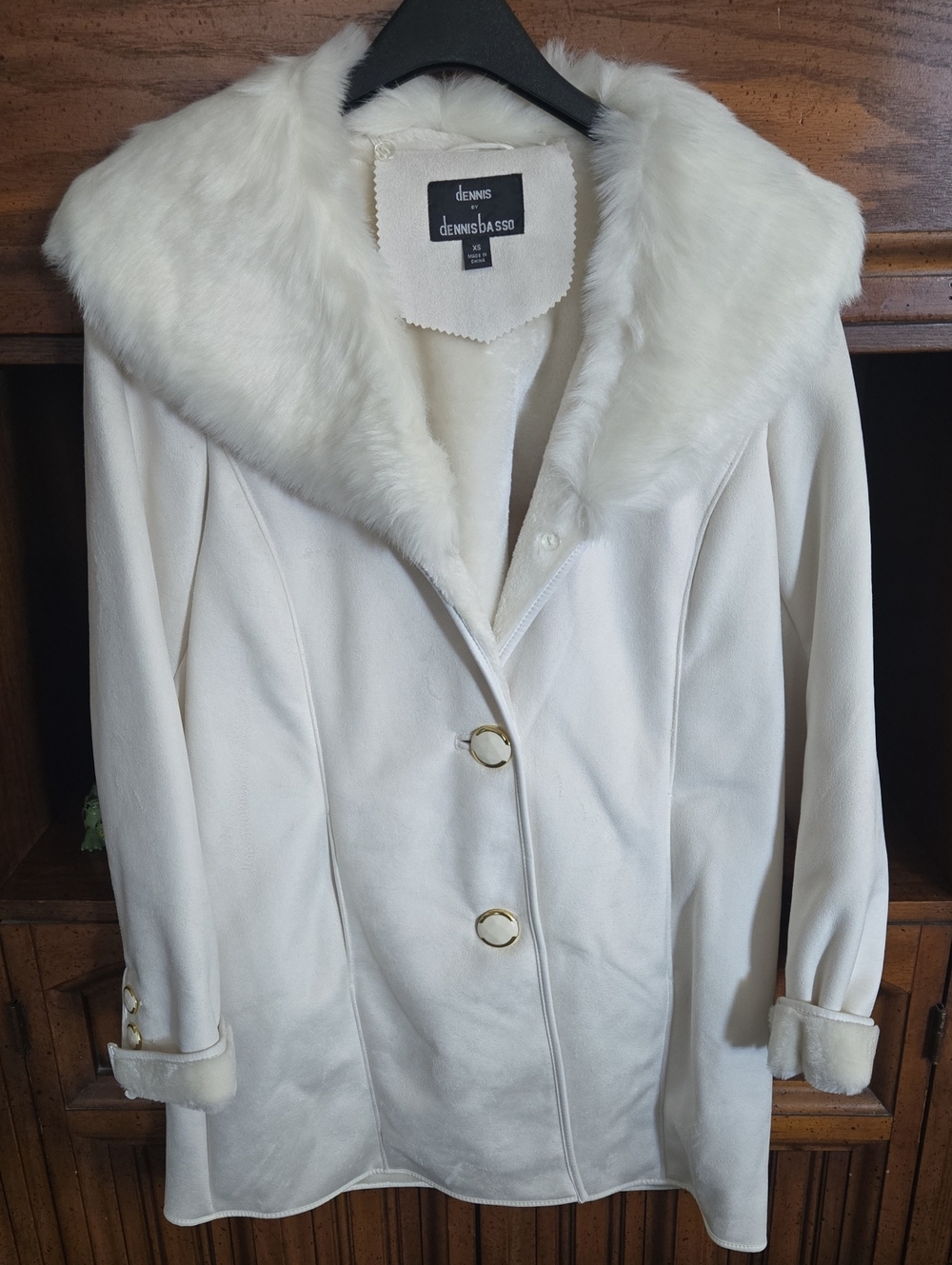 dennis basso Cream Faux-Fur Collar Pea Coat